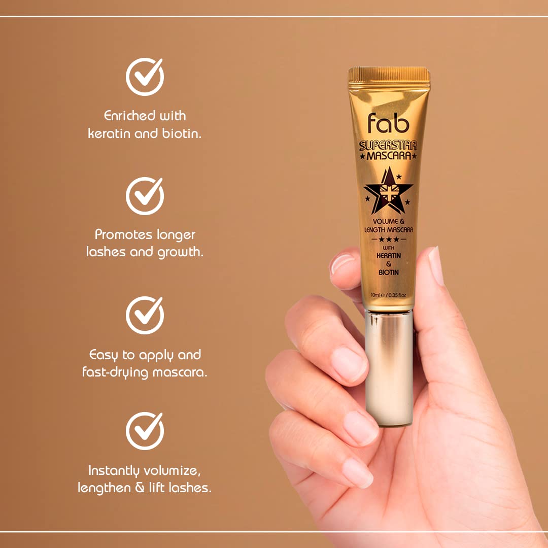 Fab Superstar Mascara: Waterproof Volumizing High Lash Lift Beauty Mascara: Black Liquid Mascarra for Bold Volume and Length - Infused with Keratin and Biotin for Longer, Better Defining Lashes - 10ml