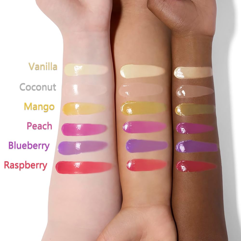 mekuel 6Pcs Hydrating Lip Gloss Balm Set Pack, Hyaluronic Acid Nourishing Natural Tint Balm Gloss for Lip Care, Long-Lasting Moiturizing, Coconut Raspberry Blueberry Peach Mango Vanilla, Travel Pack