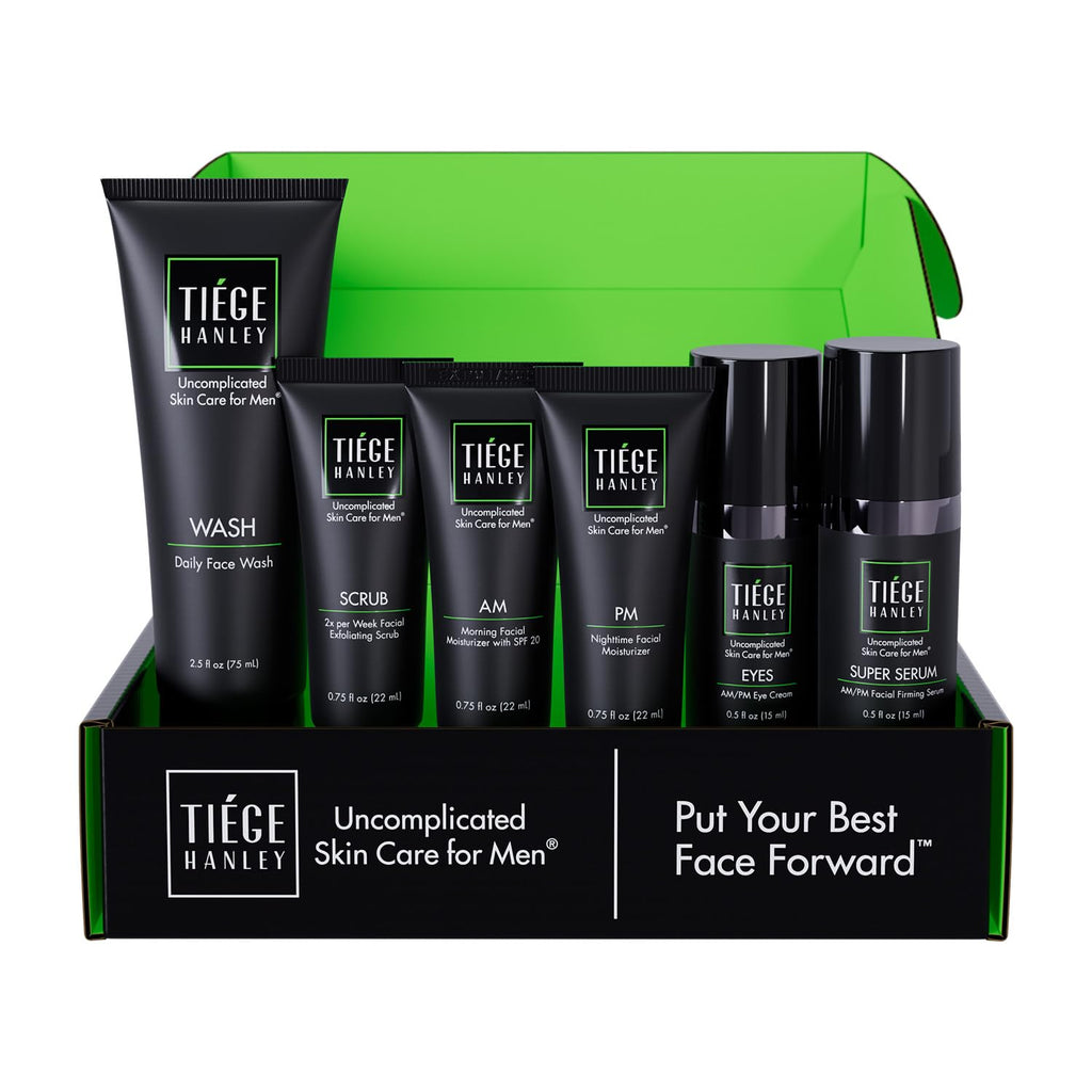 Tiege Hanley Skin Care Set for Men, Anti Aging Routine, System Level 3, Daily Face Wash, Facial Scrub, Two Moisturizers, Eye Cream, and Serum for Healthy, Hydrated Skin, Men’s Skin Care, 6 Piece Kit