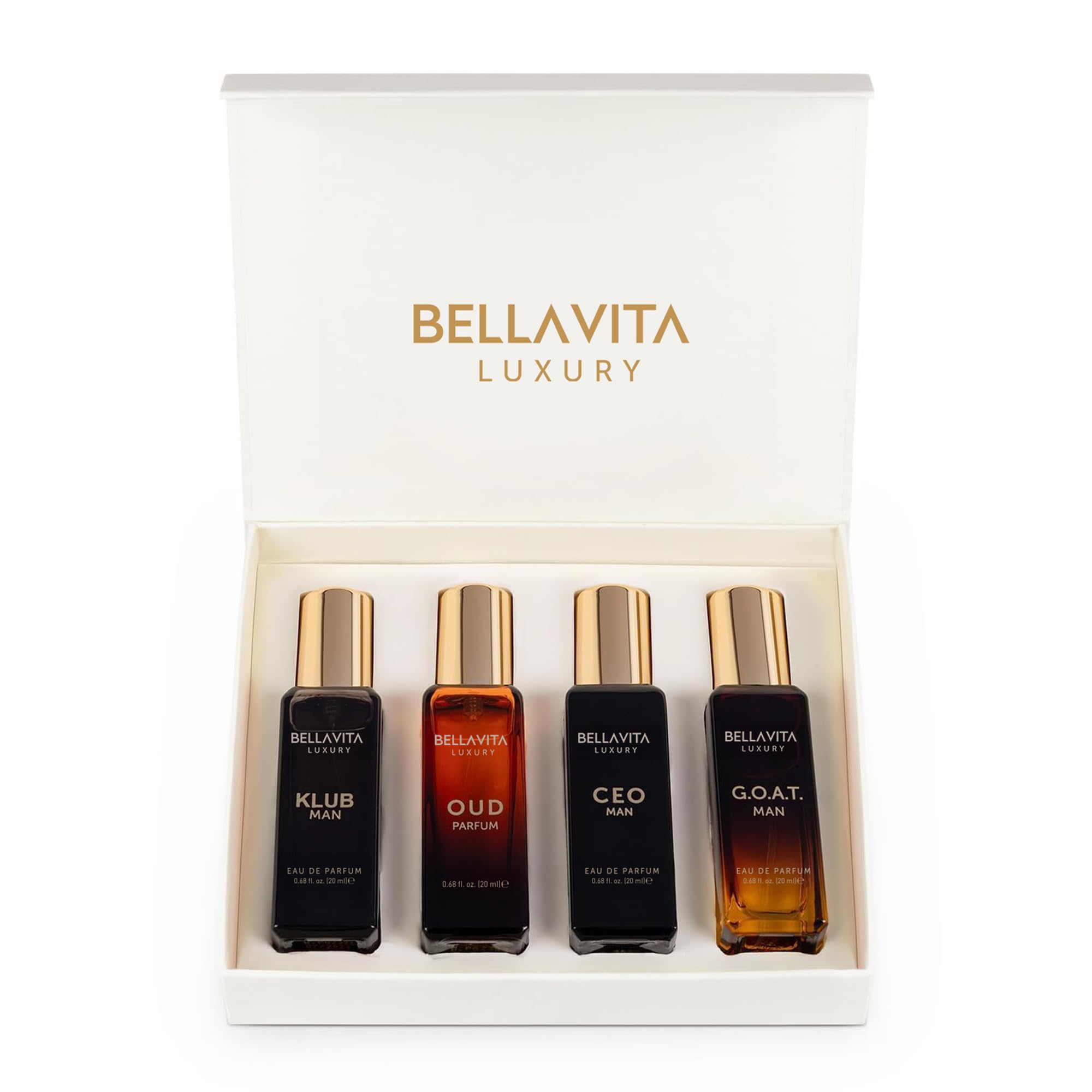 Bellavita Luxury Men's Perfume Gift Set with CEO Man, G.O.A.T., Klub, and Oud | 80ml | Perfume for Men | Lavender, Patchouli, Lemon, and Caramel Notes | Long Lasting Men's Fragrance