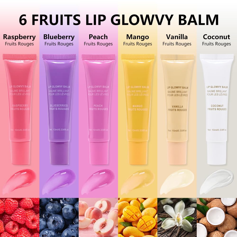mekuel 6Pcs Hydrating Lip Gloss Balm Set Pack, Hyaluronic Acid Nourishing Natural Tint Balm Gloss for Lip Care, Long-Lasting Moiturizing, Coconut Raspberry Blueberry Peach Mango Vanilla, Travel Pack