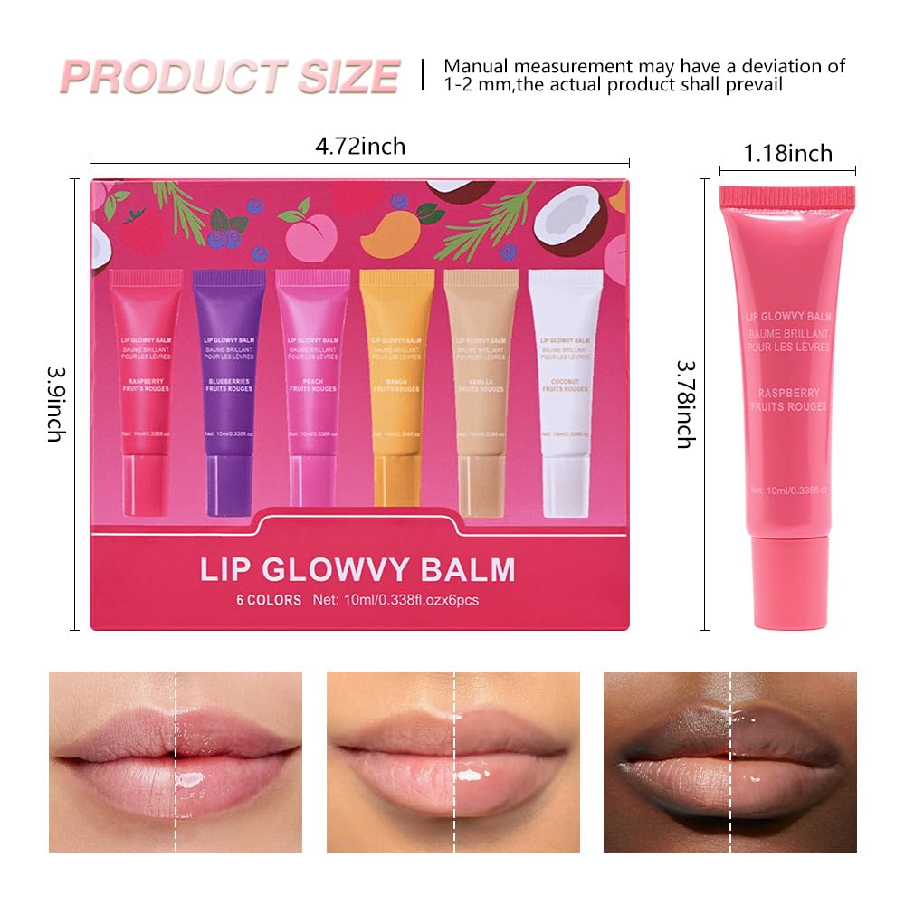 mekuel 6Pcs Hydrating Lip Gloss Balm Set Pack, Hyaluronic Acid Nourishing Natural Tint Balm Gloss for Lip Care, Long-Lasting Moiturizing, Coconut Raspberry Blueberry Peach Mango Vanilla, Travel Pack