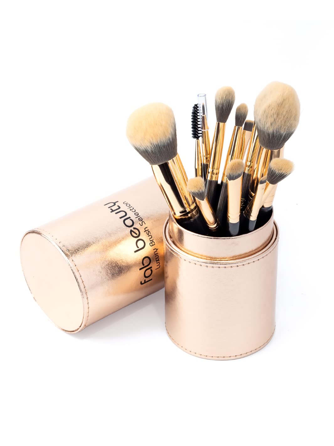 FAB BROWS Fab Beauty Luxury Makeup Brush Selection, Multipurpose Makeup Brush Set, 12 Brushes For Makeup Lovers, Professional Makeup Brushes With Gold Metallic Travel Makeup Brush Holder