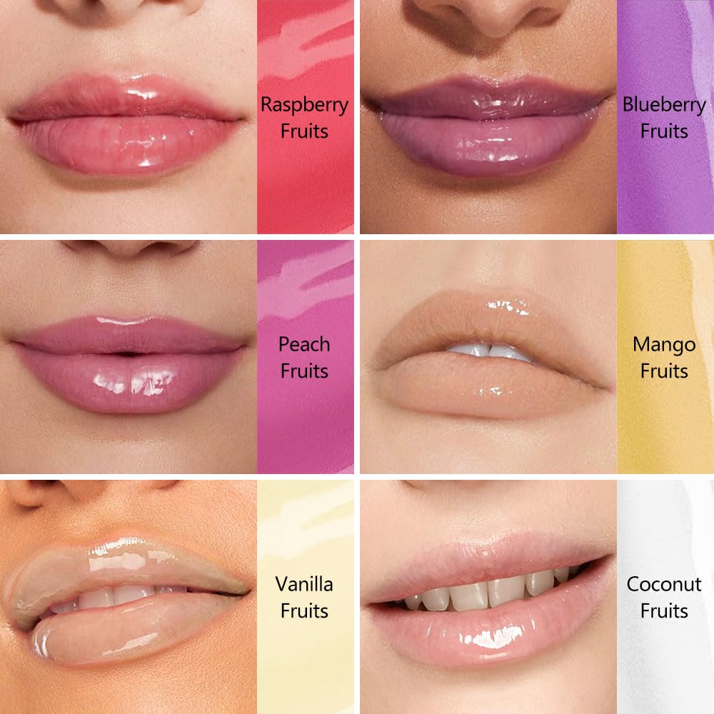 mekuel 6Pcs Hydrating Lip Gloss Balm Set Pack, Hyaluronic Acid Nourishing Natural Tint Balm Gloss for Lip Care, Long-Lasting Moiturizing, Coconut Raspberry Blueberry Peach Mango Vanilla, Travel Pack