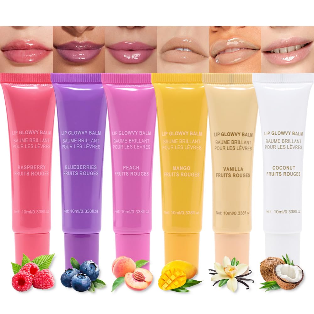 mekuel 6Pcs Hydrating Lip Gloss Balm Set Pack, Hyaluronic Acid Nourishing Natural Tint Balm Gloss for Lip Care, Long-Lasting Moiturizing, Coconut Raspberry Blueberry Peach Mango Vanilla, Travel Pack