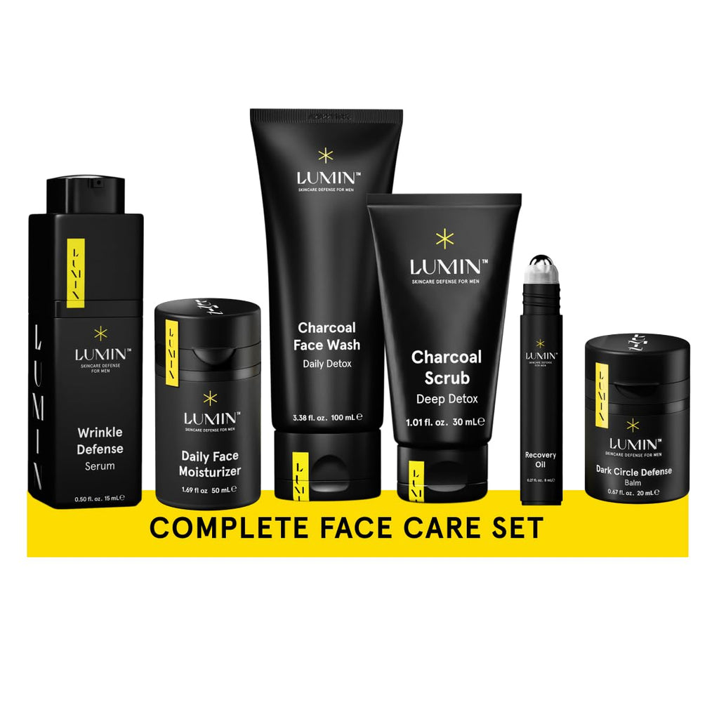 Lumin Men’s Skincare Set – Complete Face Care Kit with Charcoal Face Wash, Scrub, Moisturizer, Wrinkle Serum, Recovery Oil & Eye Balm, Korean Skincare Routine