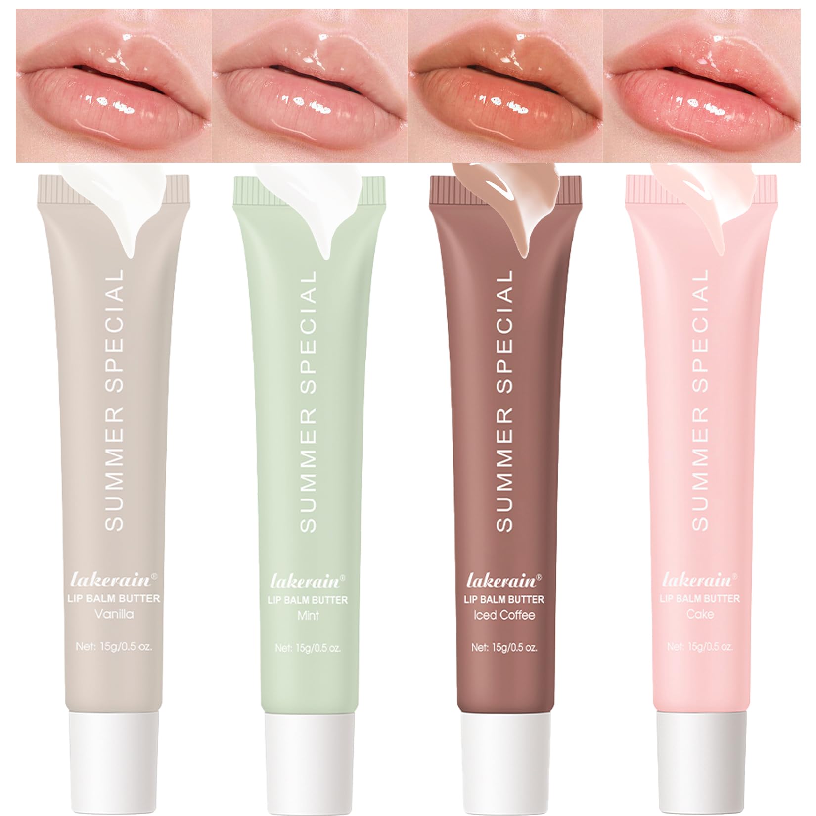 Lakerain 4 PCS Lip Glossy Butter Nourishing Balm,Lightweight,Non-Sticky,Long-lasting Lip Care Set