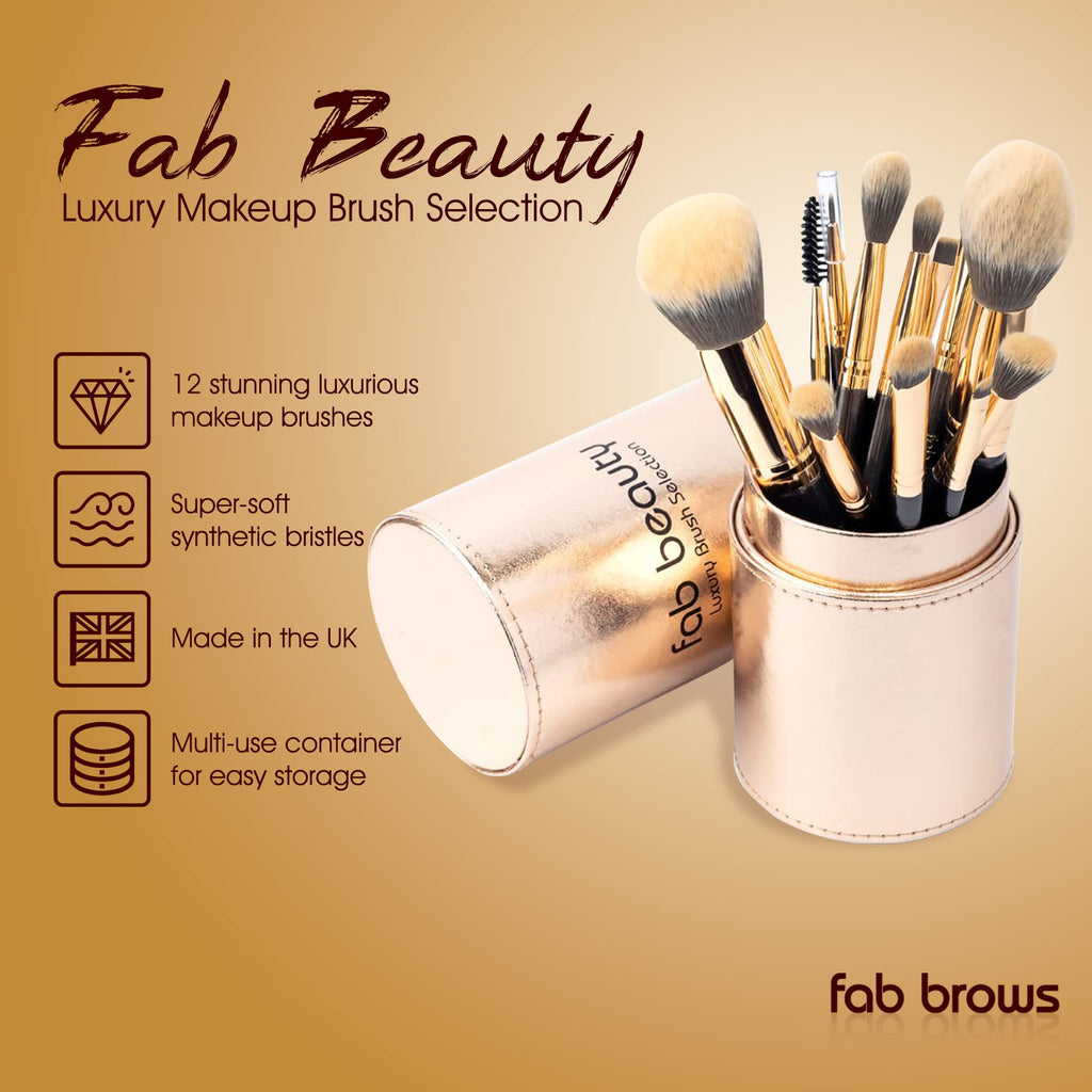 FAB BROWS Fab Beauty Luxury Makeup Brush Selection, Multipurpose Makeup Brush Set, 12 Brushes For Makeup Lovers, Professional Makeup Brushes With Gold Metallic Travel Makeup Brush Holder