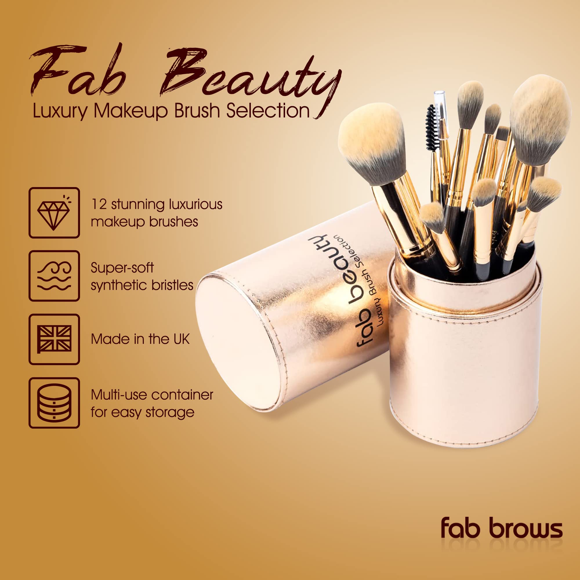 FAB BROWS Fab Beauty Luxury Makeup Brush Selection, Multipurpose Makeup Brush Set, 12 Brushes For Makeup Lovers, Professional Makeup Brushes With Gold Metallic Travel Makeup Brush Holder