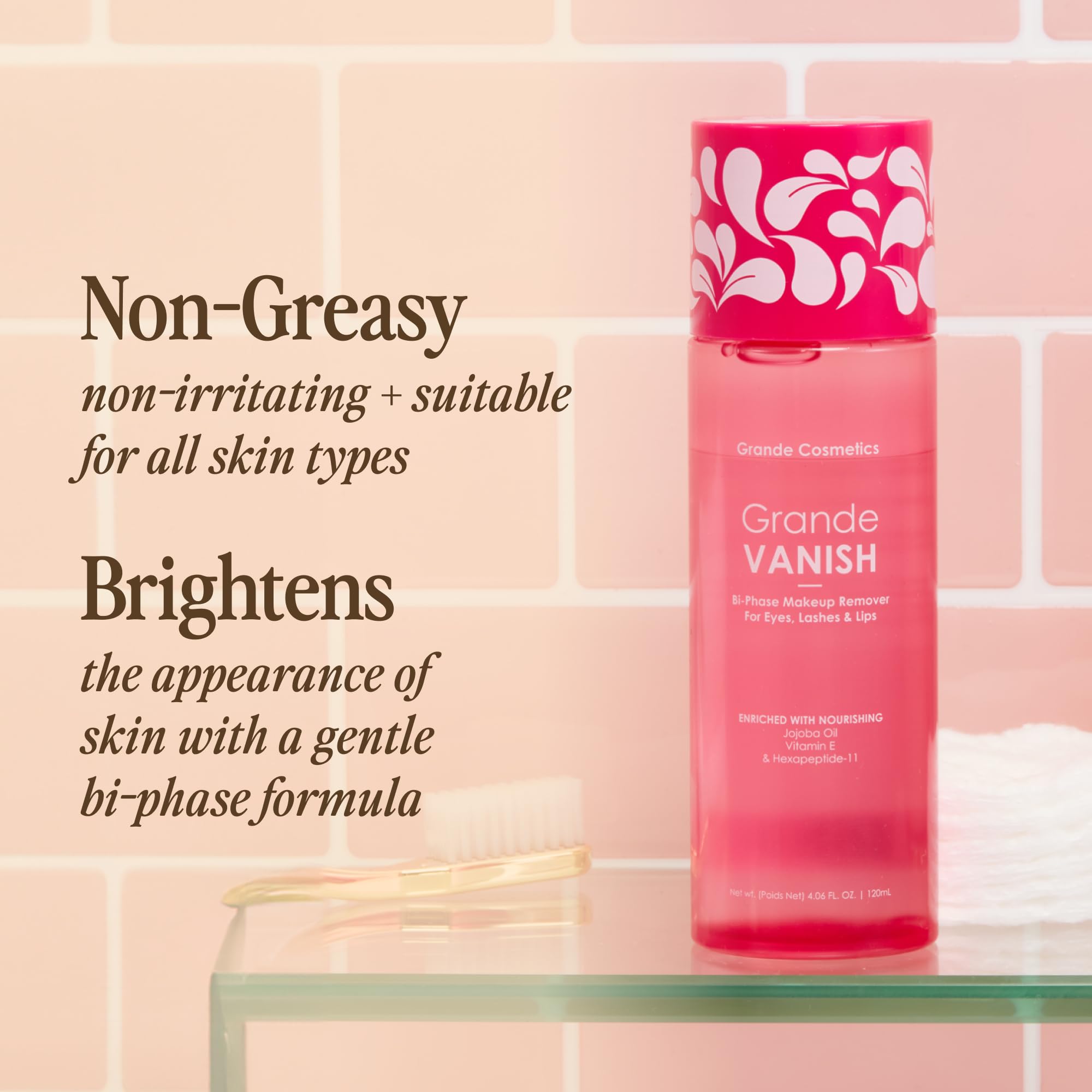 Grande Cosmetics Makeup Remover - Removes Water & Oil-Based Makeup, Dissolves Long-Wear & Waterproof Formulas (3.4 fl oz)