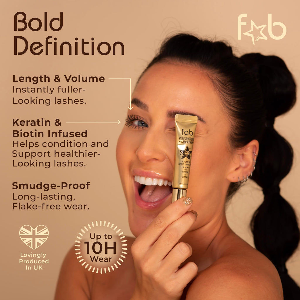 Fab Superstar Mascara: Waterproof Volumizing High Lash Lift Beauty Mascara: Black Liquid Mascarra for Bold Volume and Length - Infused with Keratin and Biotin for Longer, Better Defining Lashes - 10ml