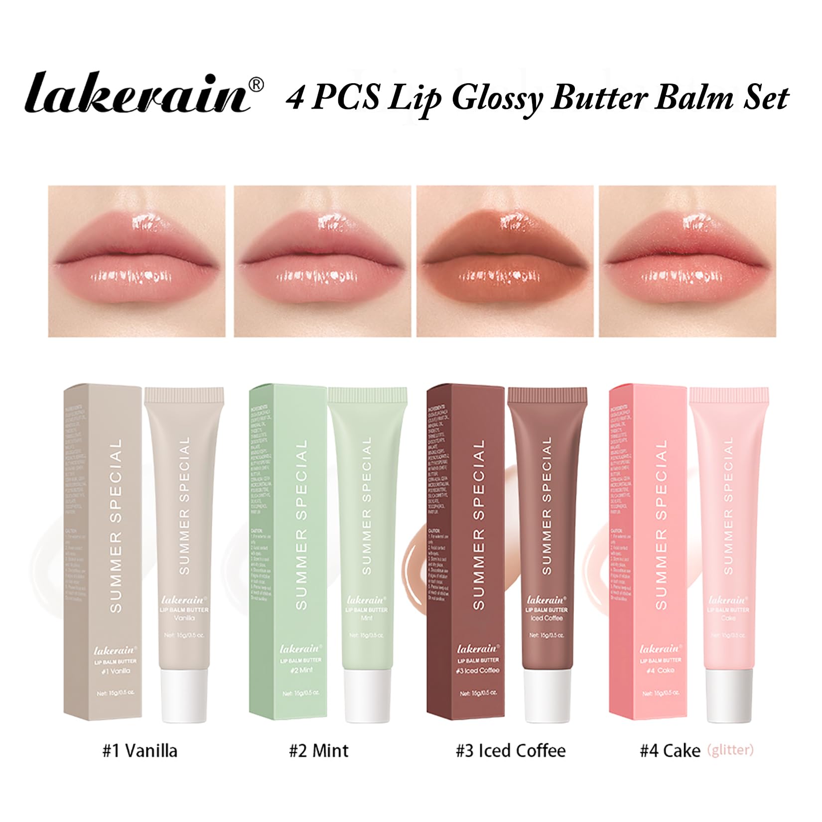 Lakerain 4 PCS Lip Glossy Butter Nourishing Balm,Lightweight,Non-Sticky,Long-lasting Lip Care Set