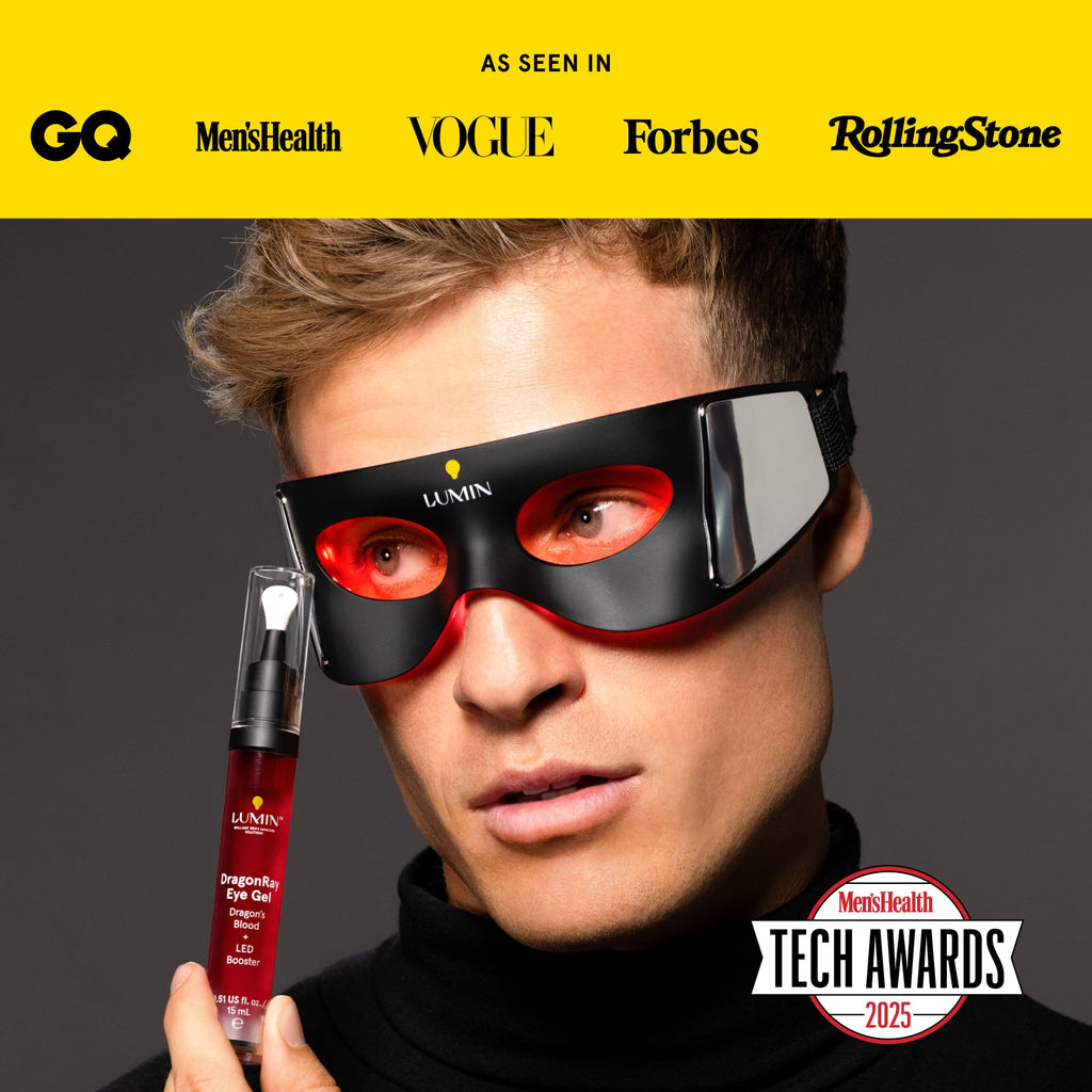 Lumin LED Eye Mask & DragonRay Eye Gel Bundle – Red Light Therapy for Dark Circles Under Eye Treatment, Eye Bags & Puffiness + Anti-Aging Eye Serum with Caffeine, Peptides & Hyaluronic Acid | Vegan