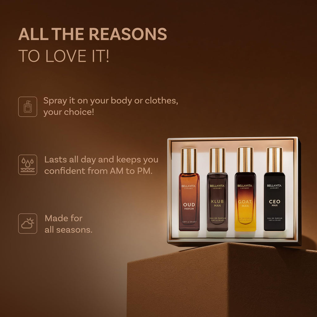 Bellavita Luxury Men's Perfume Gift Set with CEO Man, G.O.A.T., Klub, and Oud | 80ml | Perfume for Men | Lavender, Patchouli, Lemon, and Caramel Notes | Long Lasting Men's Fragrance