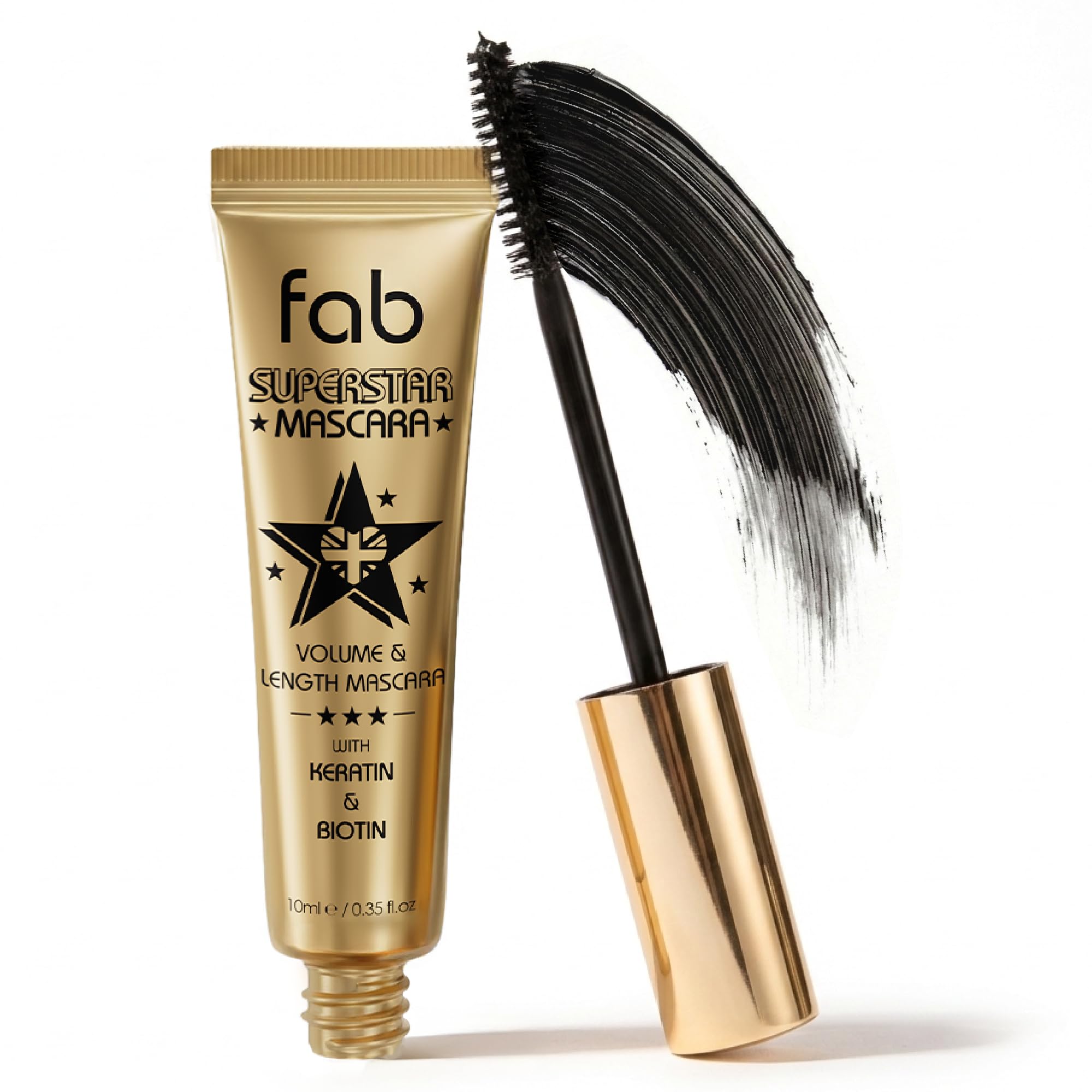 Fab Superstar Mascara: Waterproof Volumizing High Lash Lift Beauty Mascara: Black Liquid Mascarra for Bold Volume and Length - Infused with Keratin and Biotin for Longer, Better Defining Lashes - 10ml