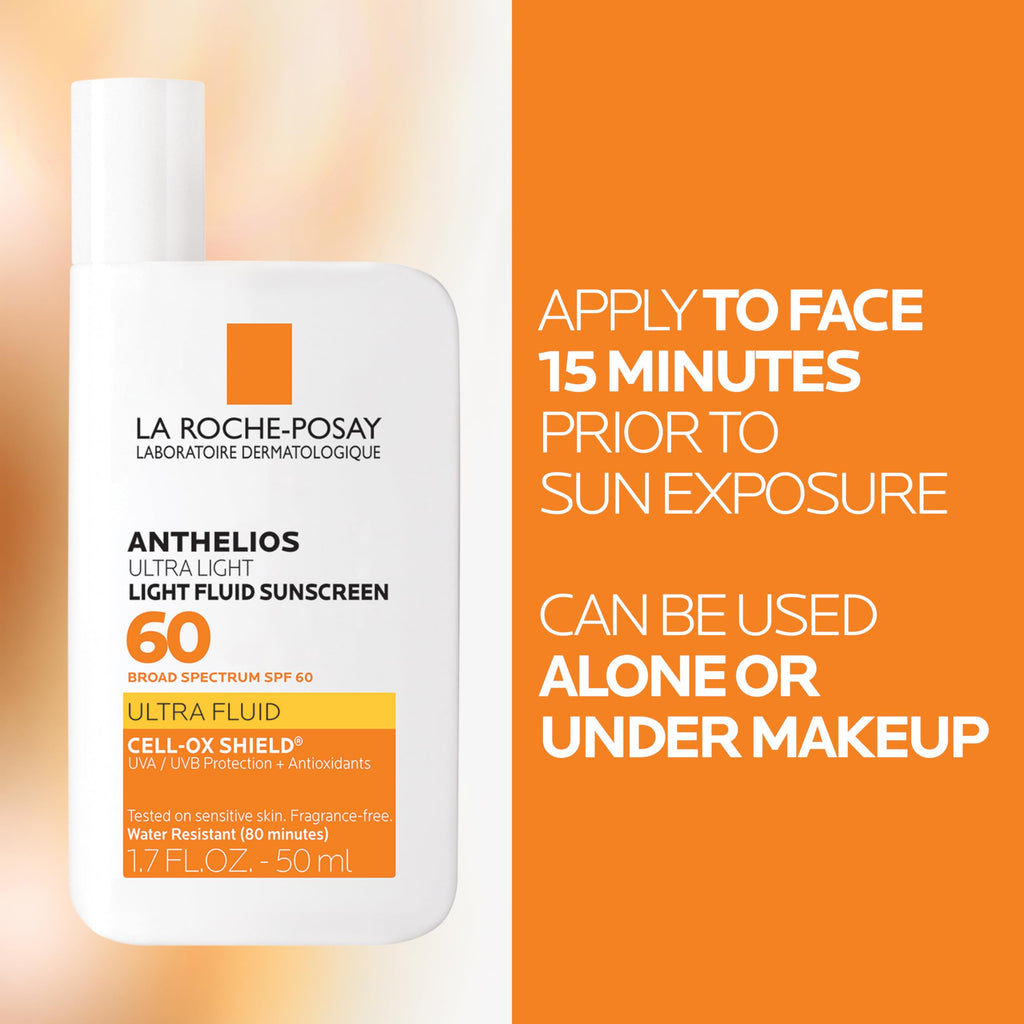 La Roche-Posay Anthelios Light Fluid Facial Sunscreen SPF 60, Lightweight Sunscreen For Face, Fluid Texture, Broad Spectrum SPF + Antioxidants, Oil Free & Oxybenzone Free, Travel Size 1.7 Fl. Oz.