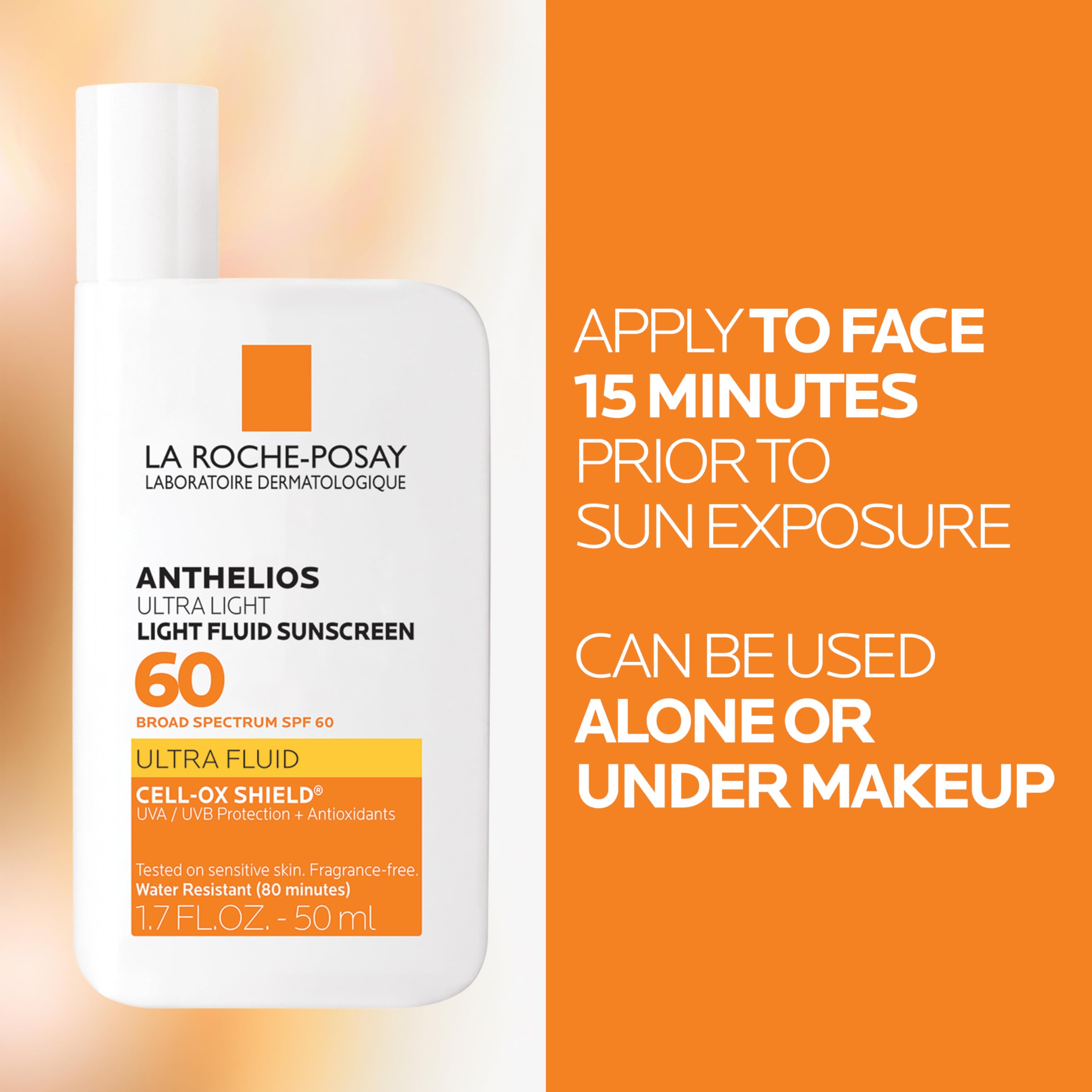 La Roche-Posay Anthelios Light Fluid Facial Sunscreen SPF 60, Lightweight Sunscreen For Face, Fluid Texture, Broad Spectrum SPF + Antioxidants, Oil Free & Oxybenzone Free, Travel Size 1.7 Fl. Oz.