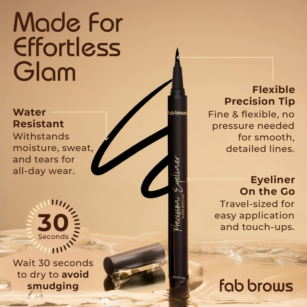 Fab Brows Precision Liquid Eyeliner - Felt-Tipped Liquid Eyeliner Pen - Richly Pigmented Waterproof Black Eyeliner - Achieves Thin or Thick Strokes - Easy-to-Apply, Flexible & Smudge Proof Eyeliner