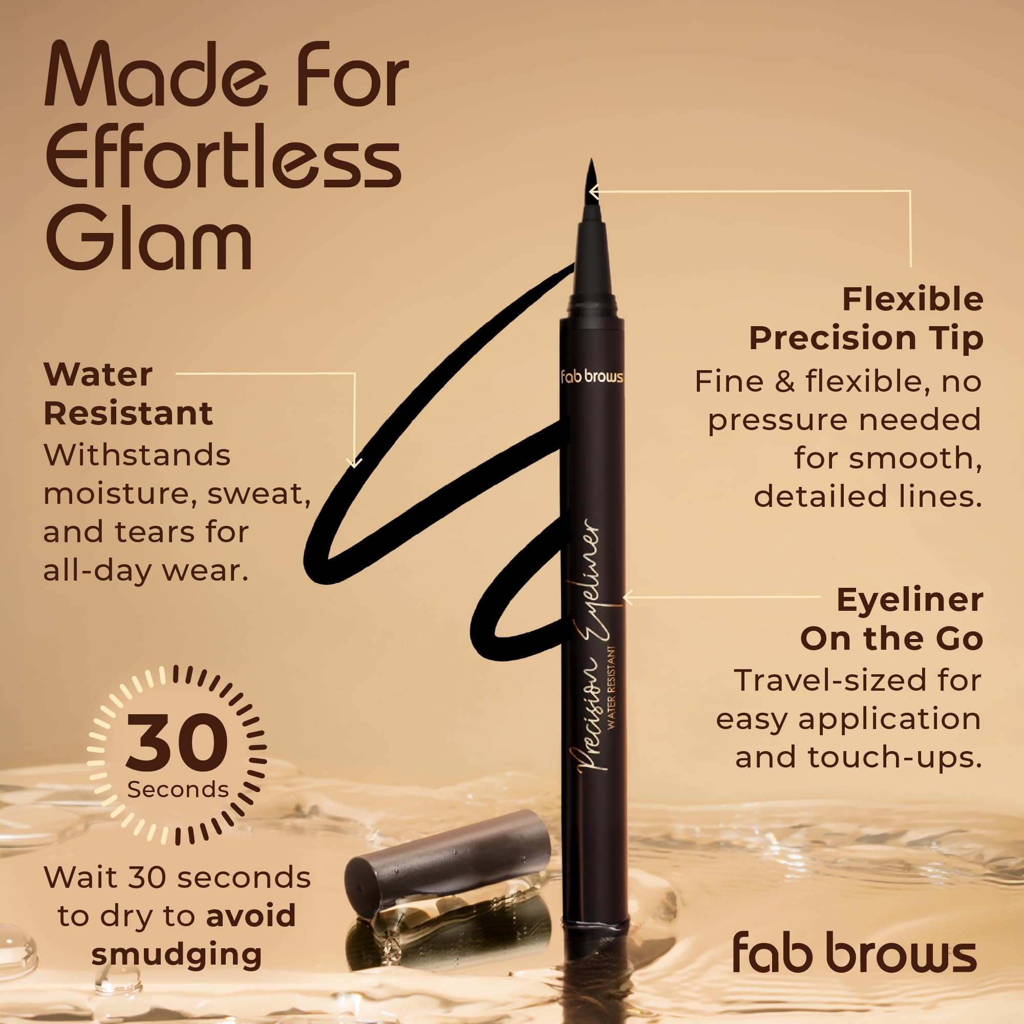Fab Brows Precision Liquid Eyeliner - Felt-Tipped Liquid Eyeliner Pen - Richly Pigmented Waterproof Black Eyeliner - Achieves Thin or Thick Strokes - Easy-to-Apply, Flexible & Smudge Proof Eyeliner