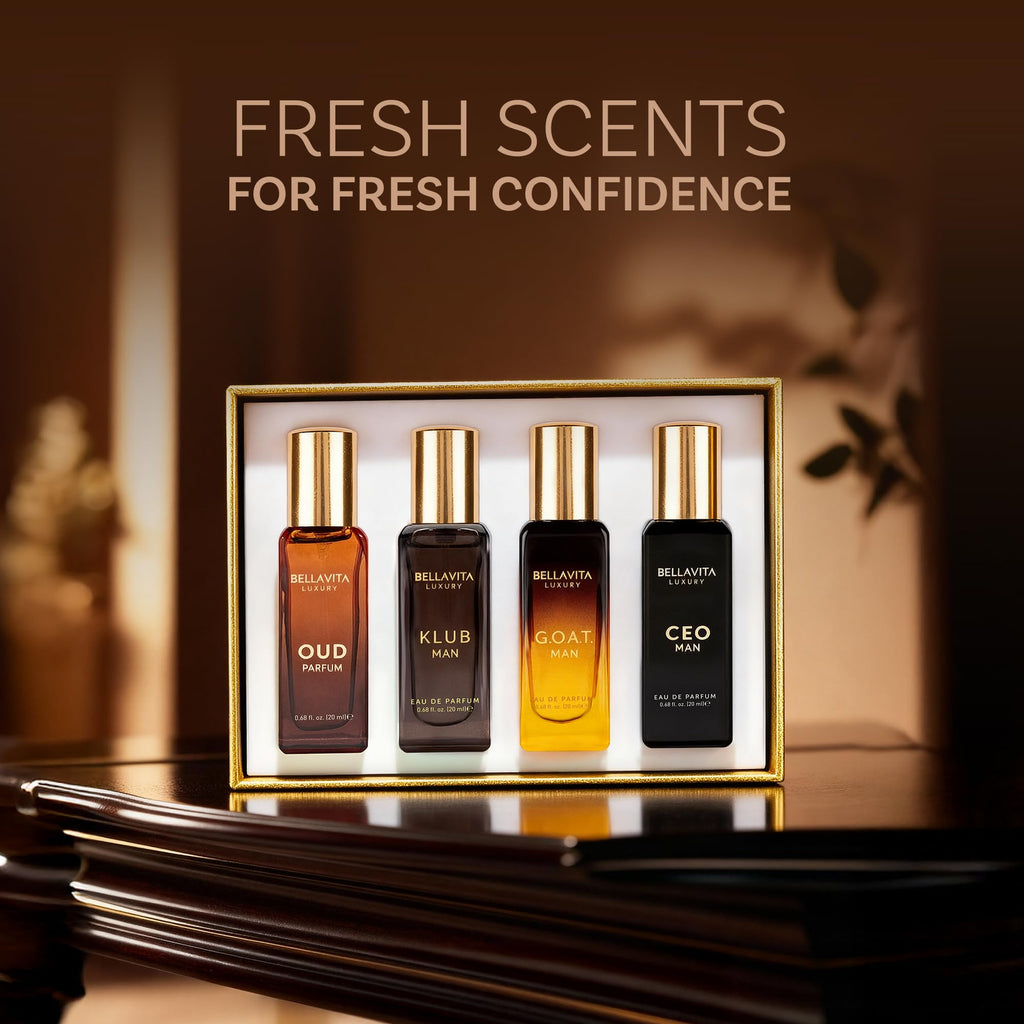 Bellavita Luxury Men's Perfume Gift Set with CEO Man, G.O.A.T., Klub, and Oud | 80ml | Perfume for Men | Lavender, Patchouli, Lemon, and Caramel Notes | Long Lasting Men's Fragrance