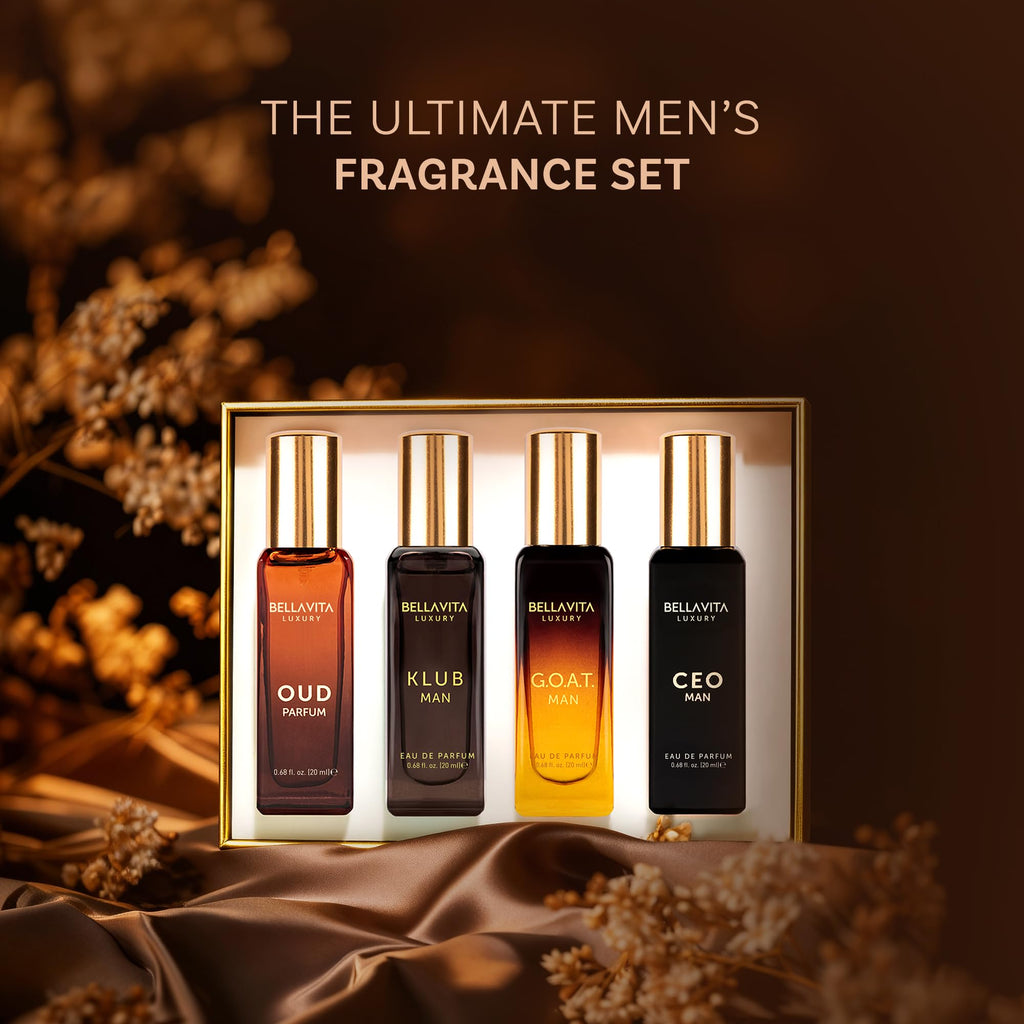 Bellavita Luxury Men's Perfume Gift Set with CEO Man, G.O.A.T., Klub, and Oud | 80ml | Perfume for Men | Lavender, Patchouli, Lemon, and Caramel Notes | Long Lasting Men's Fragrance