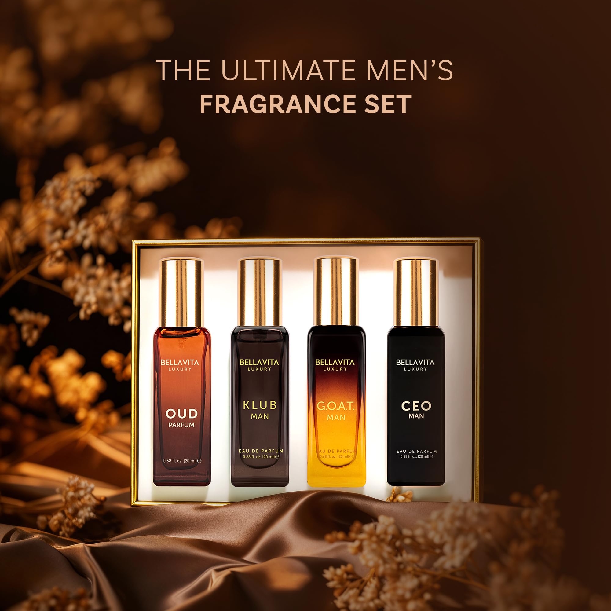 Bellavita Luxury Men's Perfume Gift Set with CEO Man, G.O.A.T., Klub, and Oud | 80ml | Perfume for Men | Lavender, Patchouli, Lemon, and Caramel Notes | Long Lasting Men's Fragrance