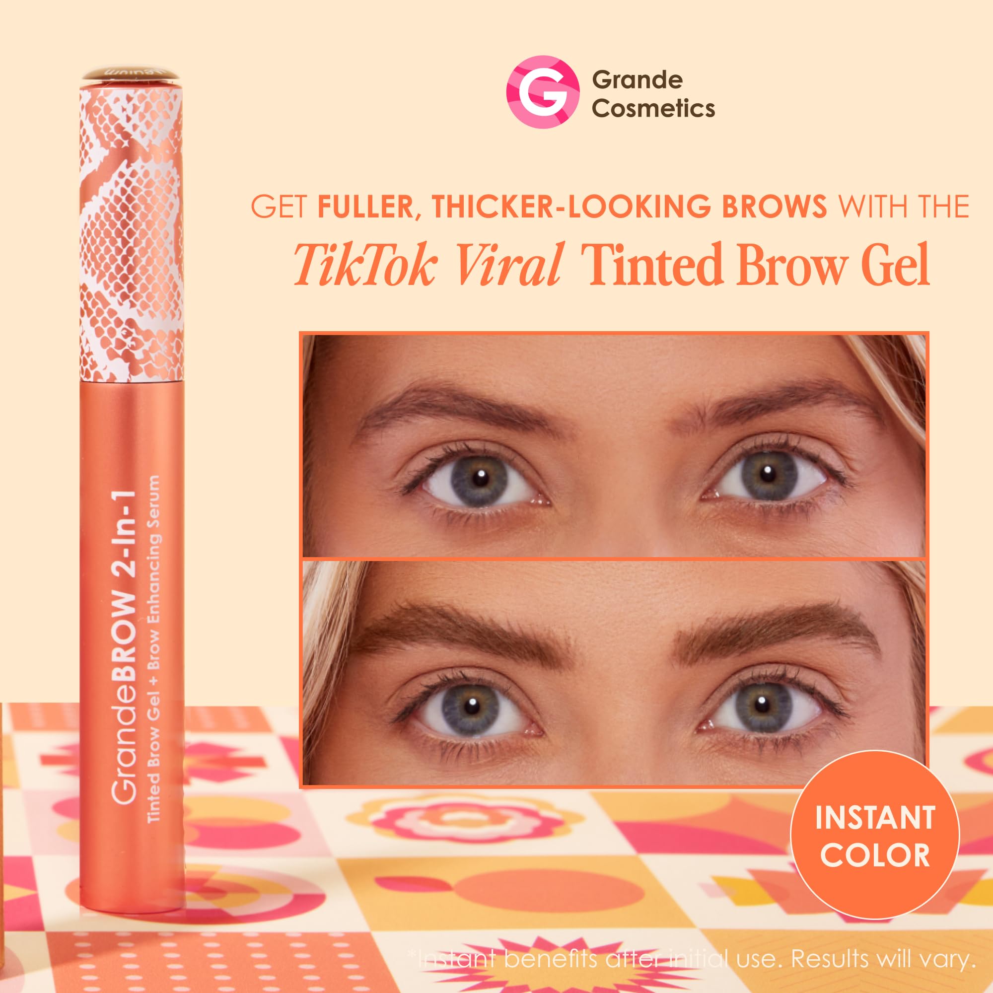 Grande Cosmetics GrandeBROW 2-in-1 Tinted Brow Gel + Brow Enhancing Serum for Thicker & Darker-Looking Eyebrows, Shape & Fill Brows, with Castor Oil & Mini Fibers - Light, Full Size (0.12 fl oz)
