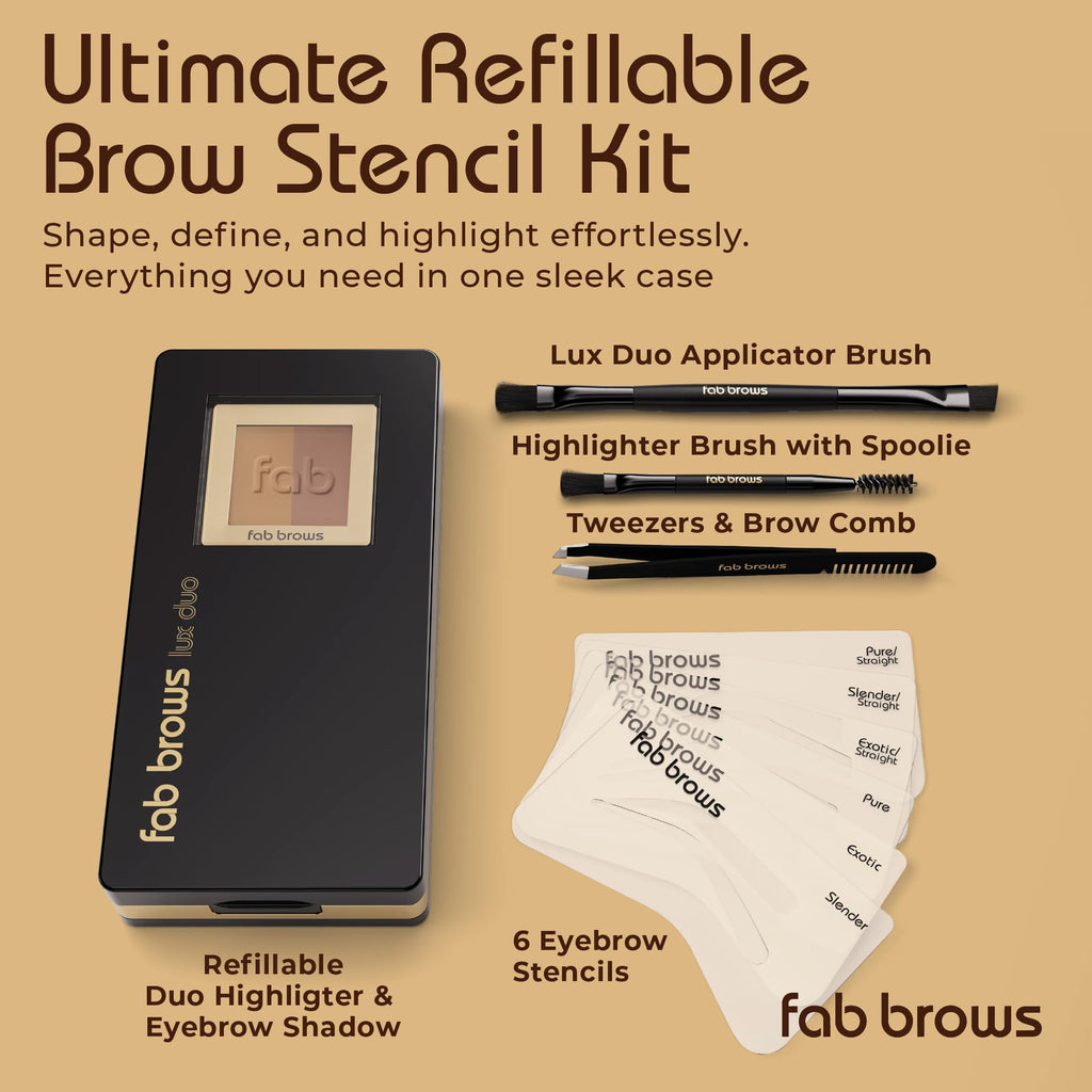 Fab Brows LUX Duo Stencil Eyebrow Kit - The Ultimate Brow Stencil Kit with Duo Brow Powder, Highlighter Powder, Stencil Shapes, Eyebrow Tools & Mirror - Eyebrow Stencil Kit Makeup - Light Brown/Medium