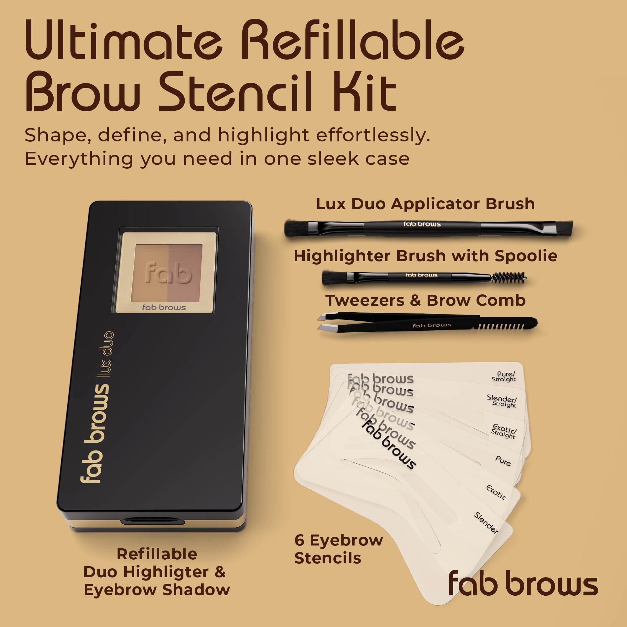 Fab Brows LUX Duo Stencil Eyebrow Kit - The Ultimate Brow Stencil Kit with Duo Brow Powder, Highlighter Powder, Stencil Shapes, Eyebrow Tools & Mirror - Eyebrow Stencil Kit Makeup - Light Brown/Medium