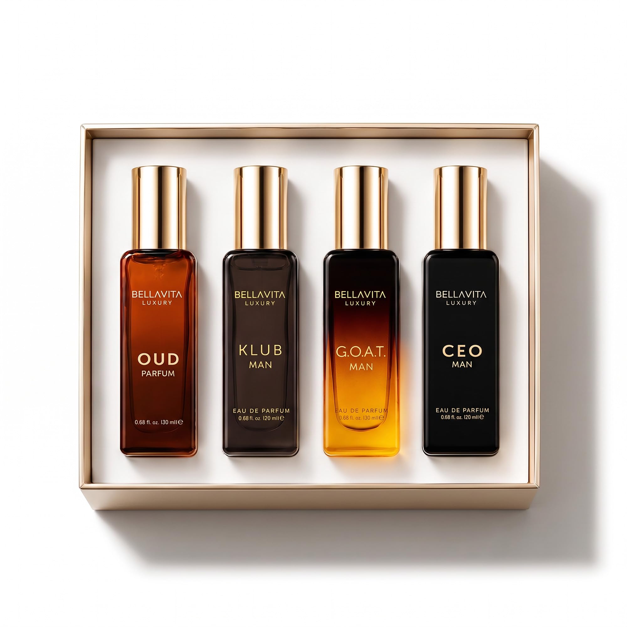 Bellavita Luxury Men's Perfume Gift Set with CEO Man, G.O.A.T., Klub, and Oud | 80ml | Perfume for Men | Lavender, Patchouli, Lemon, and Caramel Notes | Long Lasting Men's Fragrance