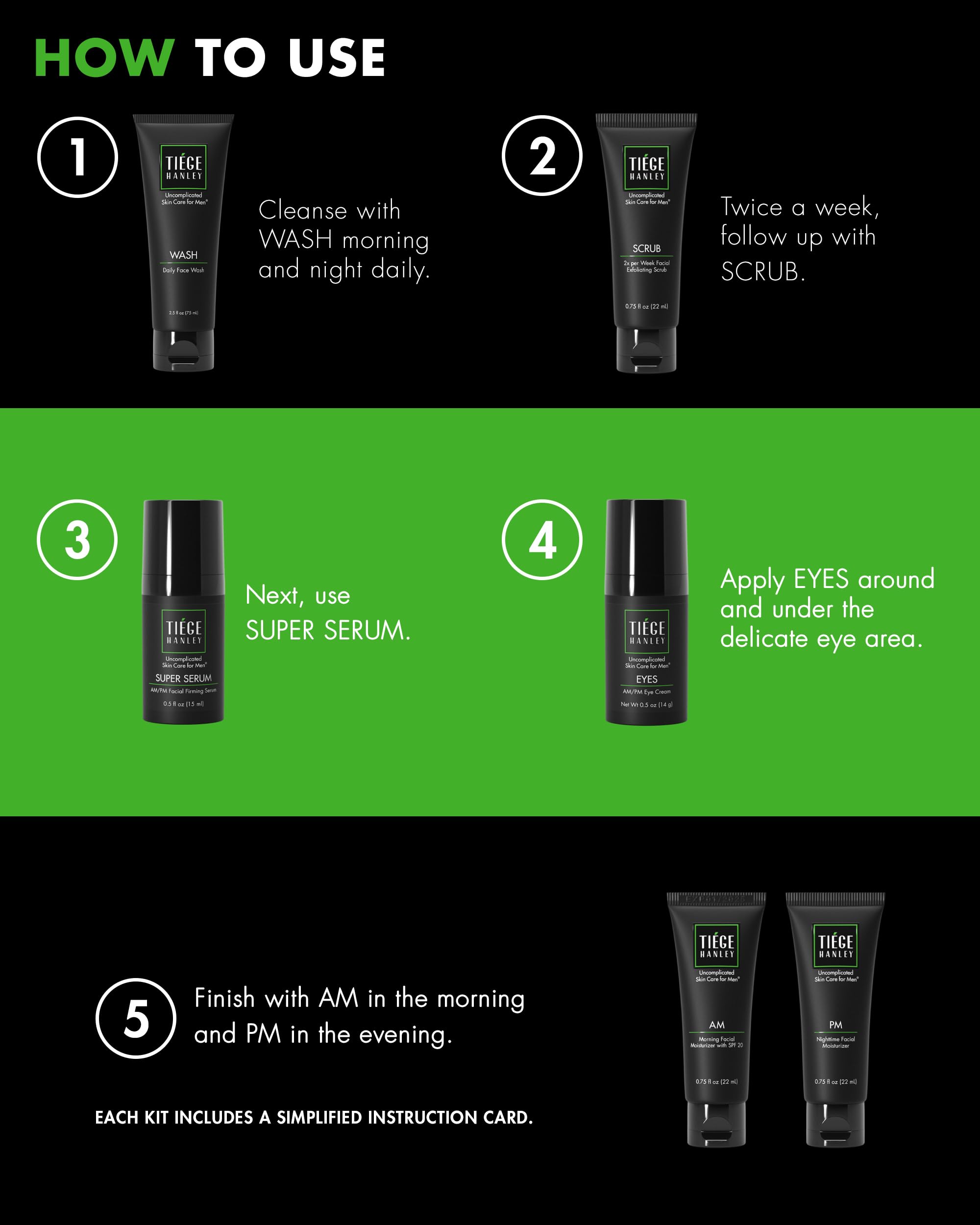 Tiege Hanley Skin Care Set for Men, Anti Aging Routine, System Level 3, Daily Face Wash, Facial Scrub, Two Moisturizers, Eye Cream, and Serum for Healthy, Hydrated Skin, Men’s Skin Care, 6 Piece Kit
