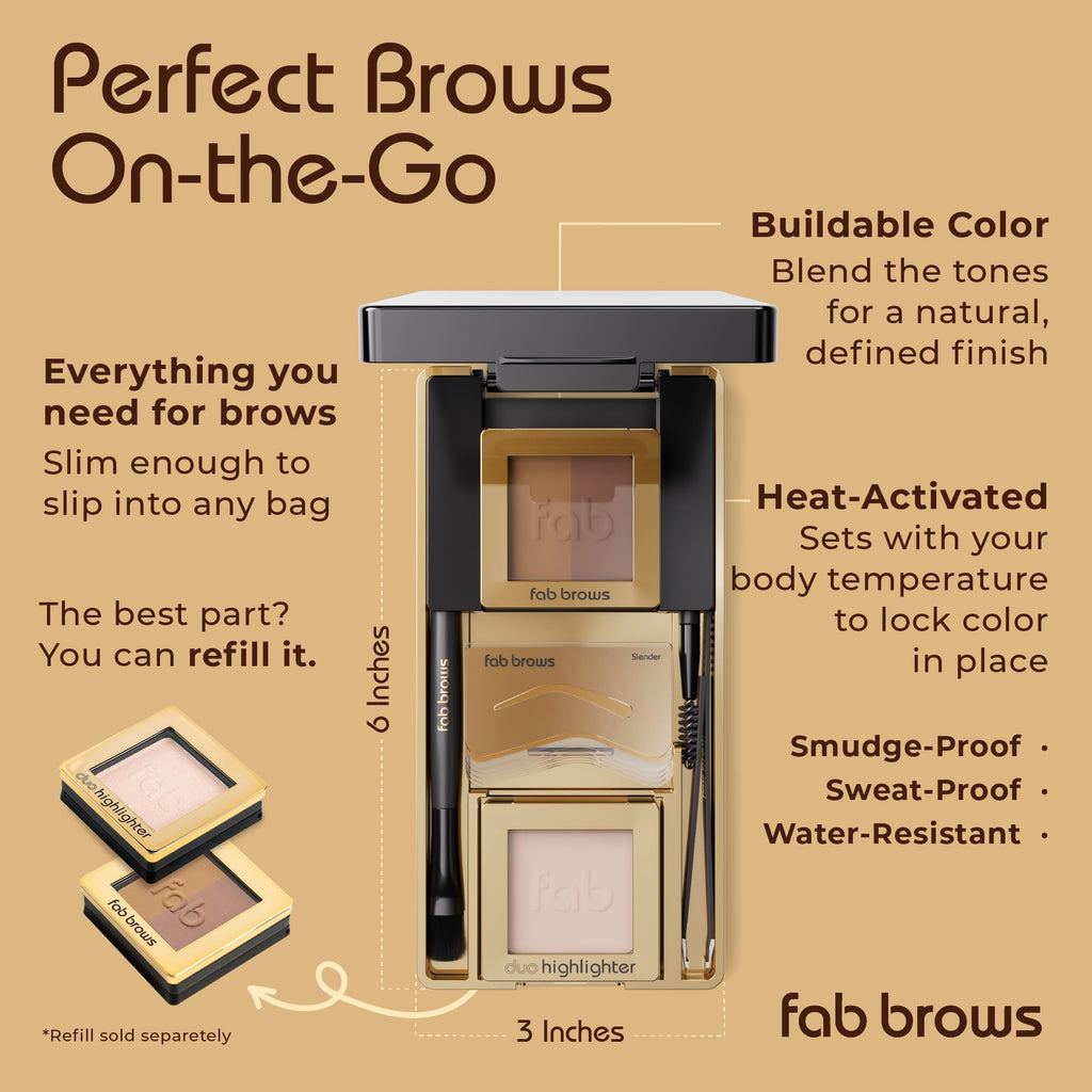 Fab Brows LUX Duo Stencil Eyebrow Kit - The Ultimate Brow Stencil Kit with Duo Brow Powder, Highlighter Powder, Stencil Shapes, Eyebrow Tools & Mirror - Eyebrow Stencil Kit Makeup - Light Brown/Medium