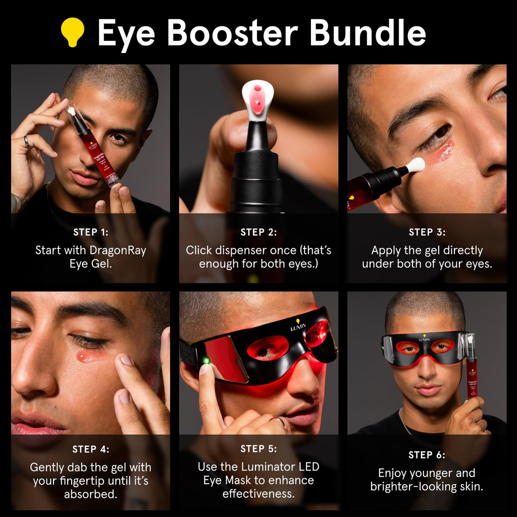 Lumin LED Eye Mask & DragonRay Eye Gel Bundle – Red Light Therapy for Dark Circles Under Eye Treatment, Eye Bags & Puffiness + Anti-Aging Eye Serum with Caffeine, Peptides & Hyaluronic Acid | Vegan