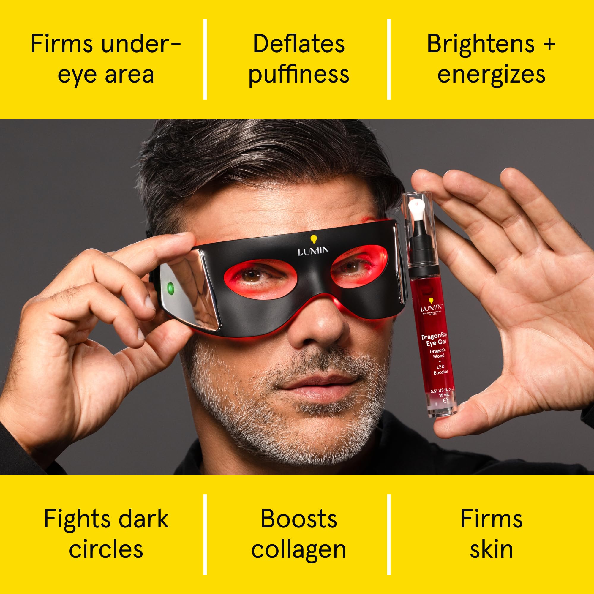 Lumin LED Eye Mask & DragonRay Eye Gel Bundle – Red Light Therapy for Dark Circles Under Eye Treatment, Eye Bags & Puffiness + Anti-Aging Eye Serum with Caffeine, Peptides & Hyaluronic Acid | Vegan