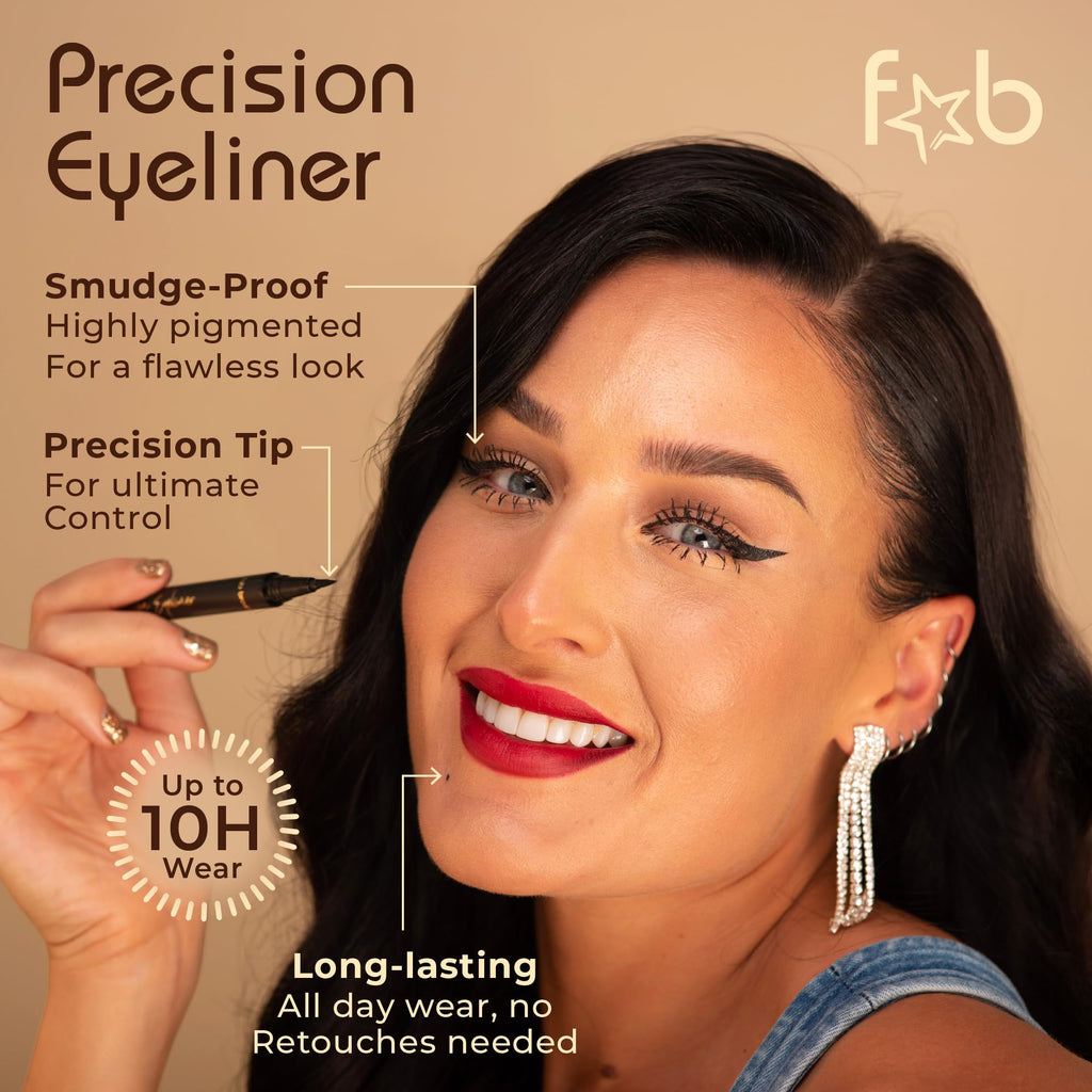 Fab Brows Precision Liquid Eyeliner - Felt-Tipped Liquid Eyeliner Pen - Richly Pigmented Waterproof Black Eyeliner - Achieves Thin or Thick Strokes - Easy-to-Apply, Flexible & Smudge Proof Eyeliner