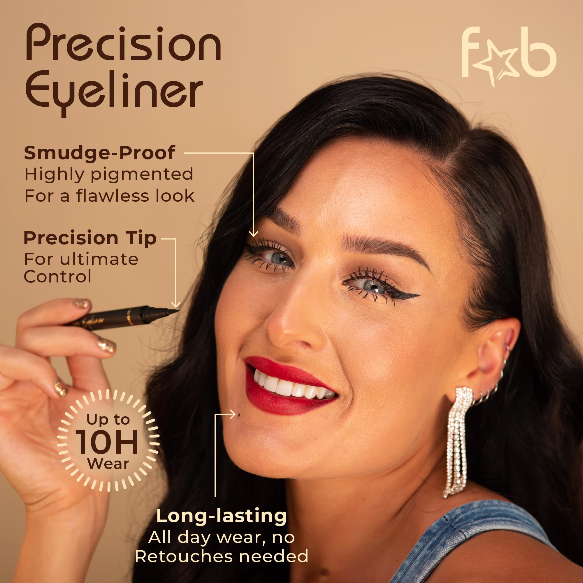 Fab Brows Precision Liquid Eyeliner - Felt-Tipped Liquid Eyeliner Pen - Richly Pigmented Waterproof Black Eyeliner - Achieves Thin or Thick Strokes - Easy-to-Apply, Flexible & Smudge Proof Eyeliner