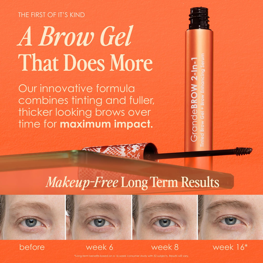 Grande Cosmetics GrandeBROW 2-in-1 Tinted Brow Gel + Brow Enhancing Serum for Thicker & Darker-Looking Eyebrows, Shape & Fill Brows, with Castor Oil & Mini Fibers - Light, Full Size (0.12 fl oz)
