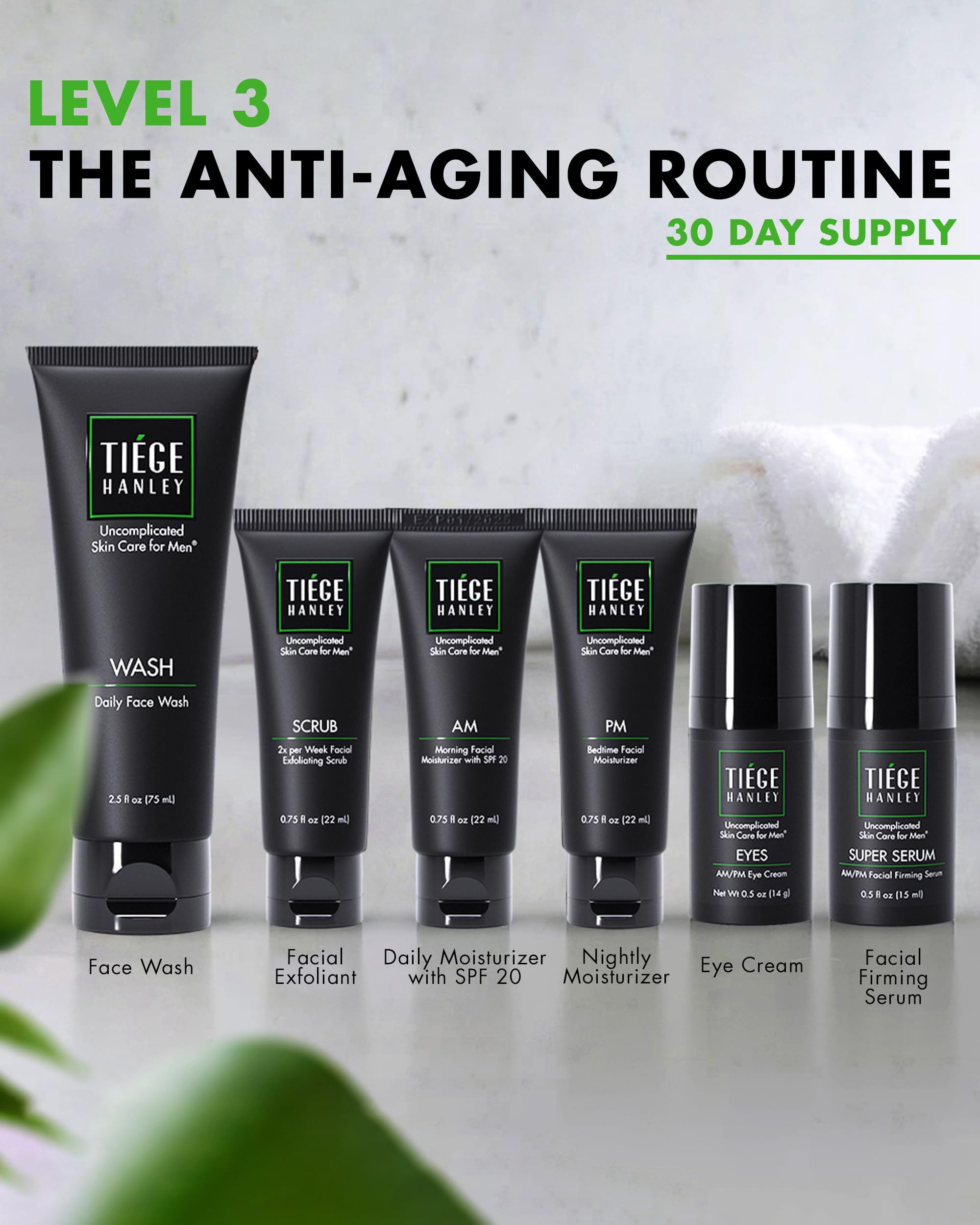 Tiege Hanley Skin Care Set for Men, Anti Aging Routine, System Level 3, Daily Face Wash, Facial Scrub, Two Moisturizers, Eye Cream, and Serum for Healthy, Hydrated Skin, Men’s Skin Care, 6 Piece Kit