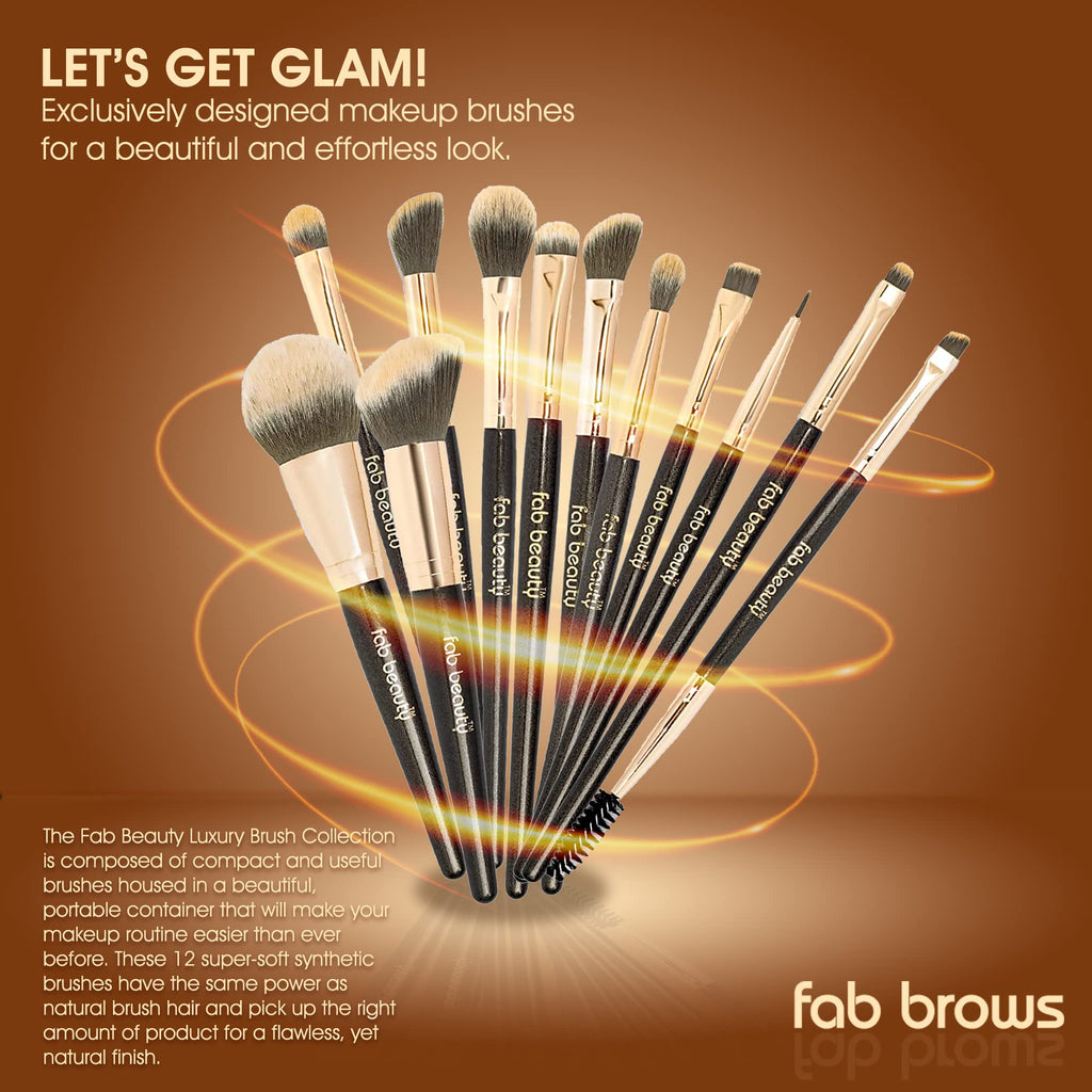 FAB BROWS Fab Beauty Luxury Makeup Brush Selection, Multipurpose Makeup Brush Set, 12 Brushes For Makeup Lovers, Professional Makeup Brushes With Gold Metallic Travel Makeup Brush Holder