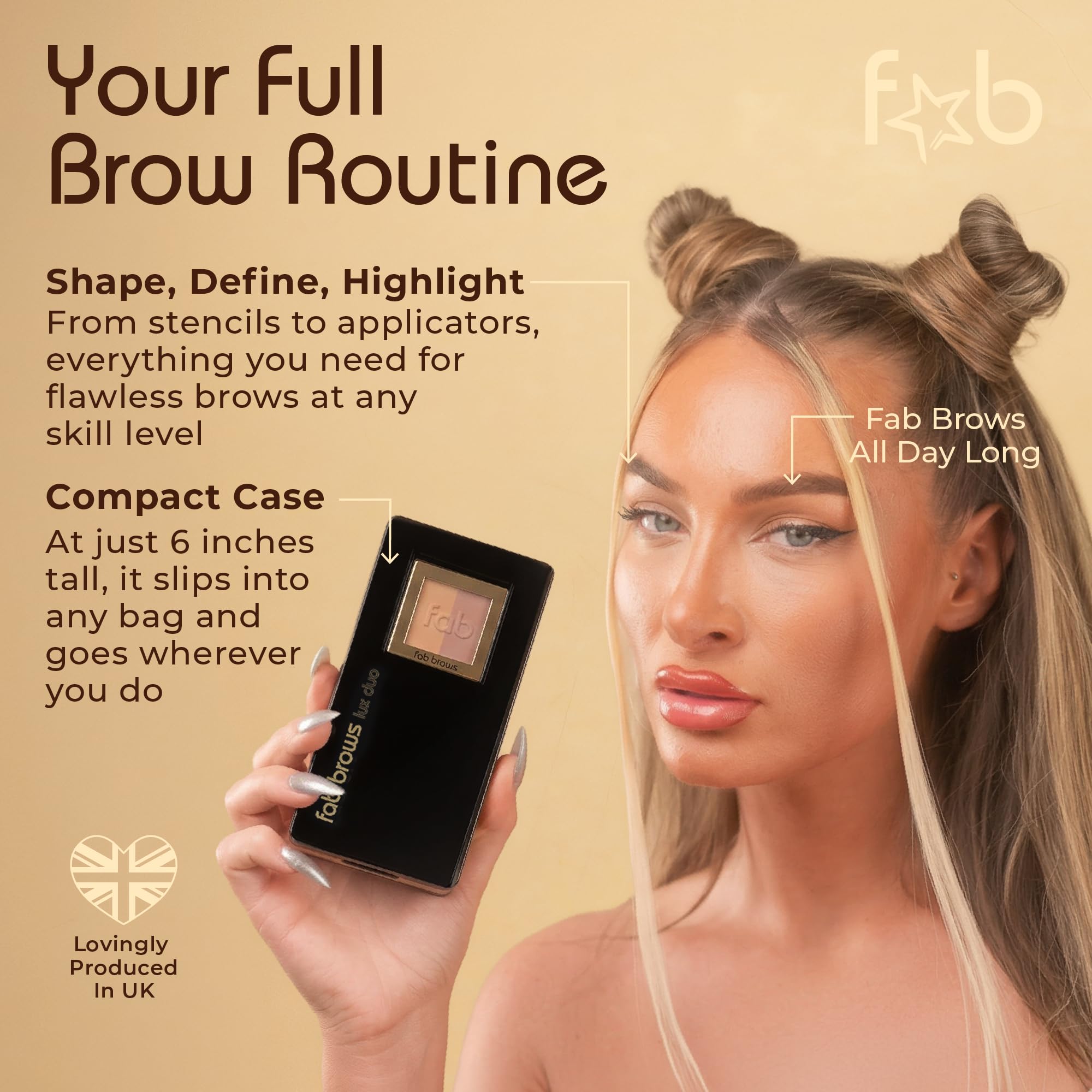 Fab Brows LUX Duo Stencil Eyebrow Kit - The Ultimate Brow Stencil Kit with Duo Brow Powder, Highlighter Powder, Stencil Shapes, Eyebrow Tools & Mirror - Eyebrow Stencil Kit Makeup - Light Brown/Medium