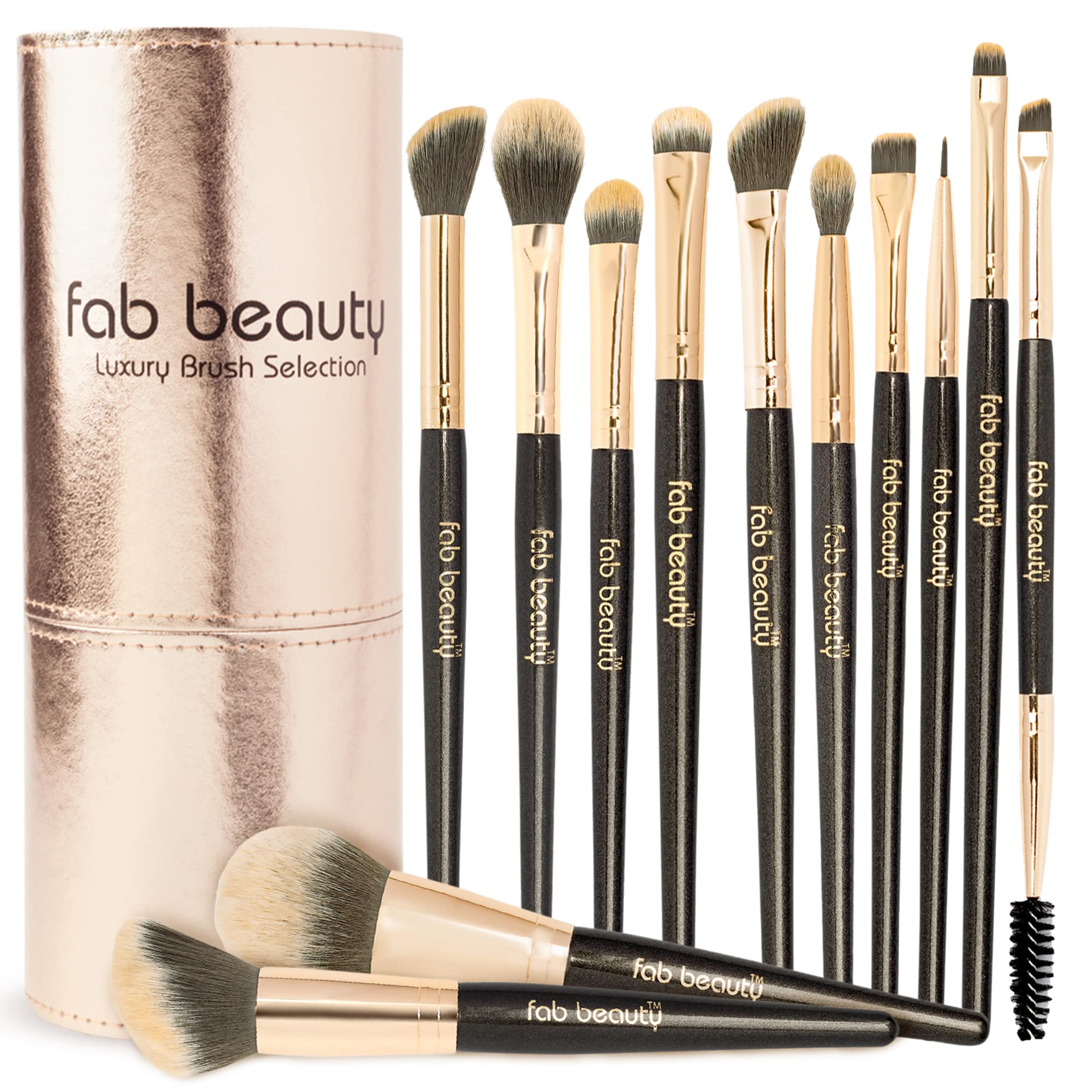 FAB BROWS Fab Beauty Luxury Makeup Brush Selection, Multipurpose Makeup Brush Set, 12 Brushes For Makeup Lovers, Professional Makeup Brushes With Gold Metallic Travel Makeup Brush Holder